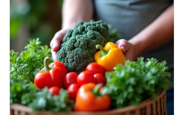 A person thoughtfully choosing fresh vegetables, symbolizing mindful eating.