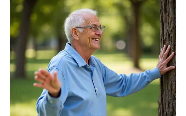 An active older adult engaging in gentle exercise outdoors, emphasizing movement and healthy aging.
