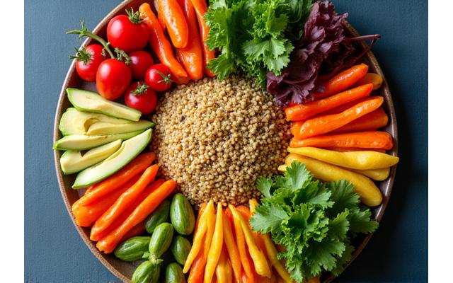 A vibrant platter of fresh, colorful plant-based foods, representing healthy eating.