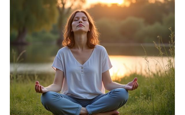 A calm person practicing deep breathing in a serene natural setting, representing stress reduction techniques.