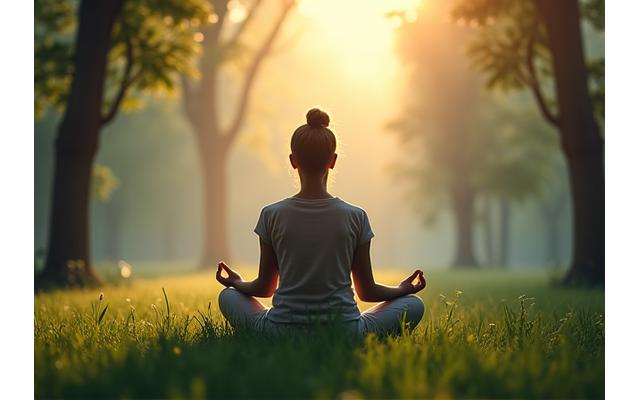 Person meditating outdoors in a peaceful setting, symbolizing stress management programs.